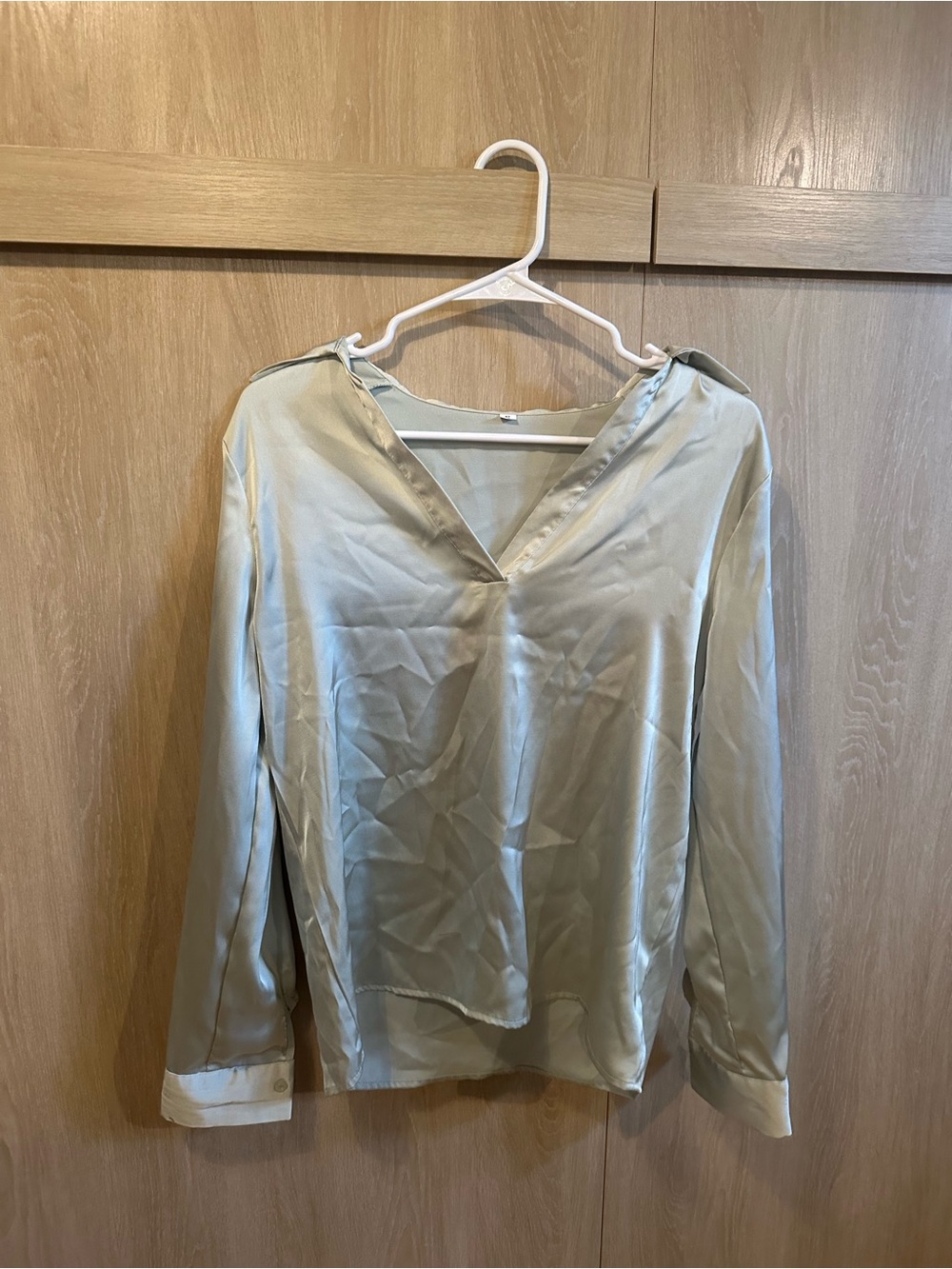 SHEIN Satin V-Neck Long Sleeve Blouse in Light Sage